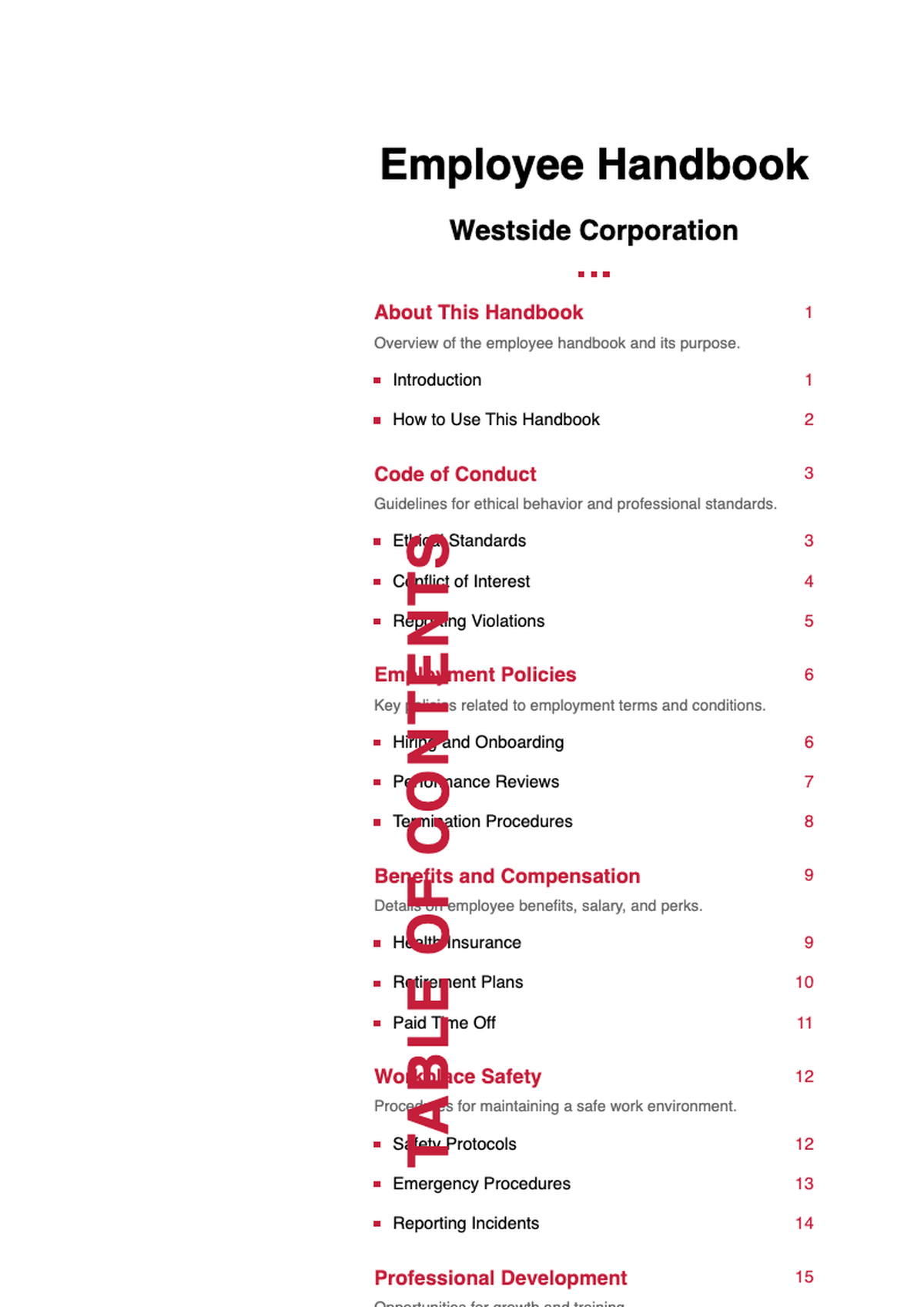Westside Contracting Inc employee handbook table of contents with red accents and team illustrations_variant_1